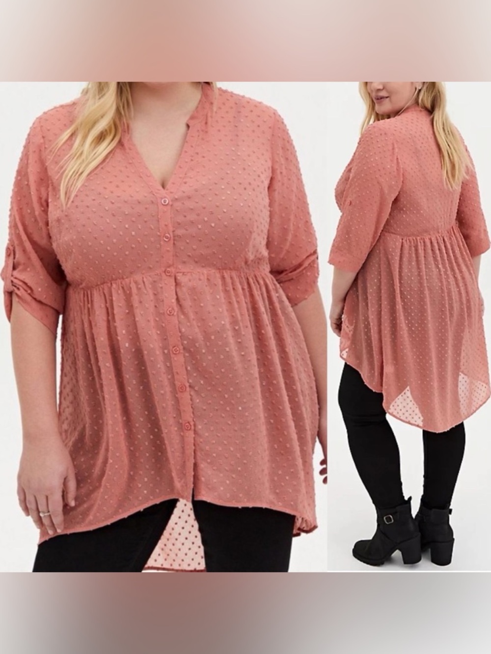 Torrid Dusty Rose Chiffon Swiss Dot‎ Sheer Babydoll Tunic 3X